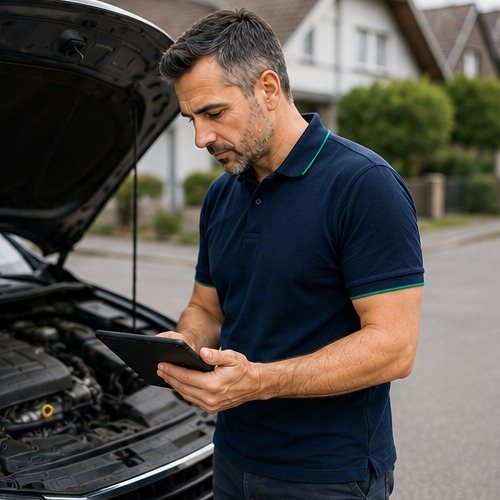 Kfz-Experte prüft den Motorraum eines Gebrauchtwagens